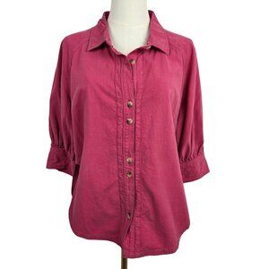 We The Free Pink Rose Mademoiselle Shirt Sz Large Button Balloon Sleeve Boho